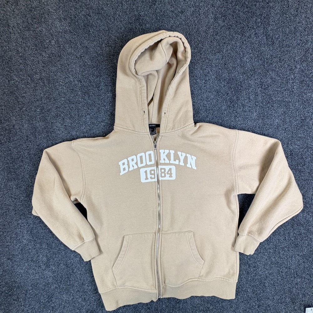 Forever 21 Brooklyn 1984 Hoodie Womens Small Beige Logo Fleece Lined Full Zip